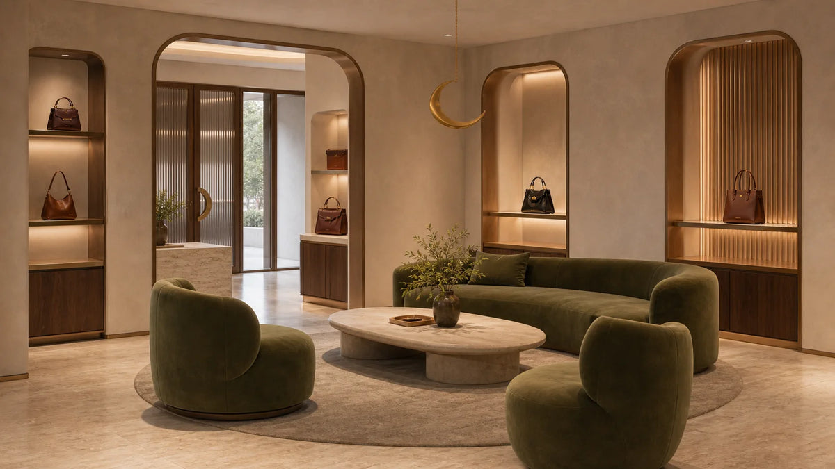 Salon with green velvet seating and lit niches