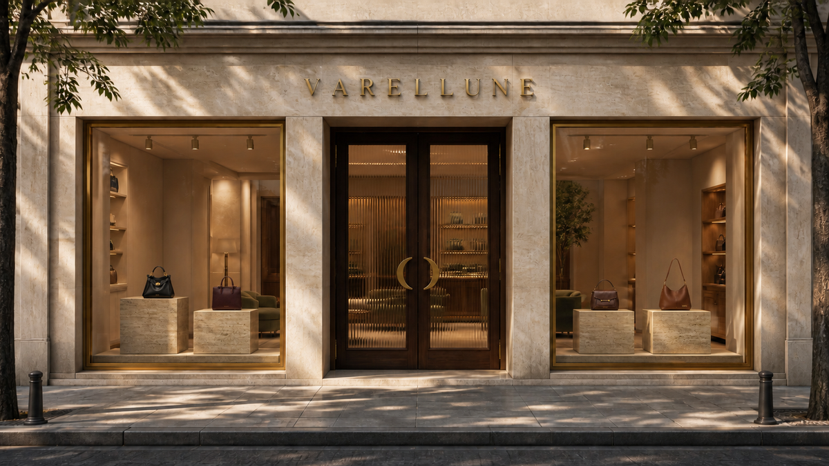 Varellune storefront, stone facade with brass lettering
