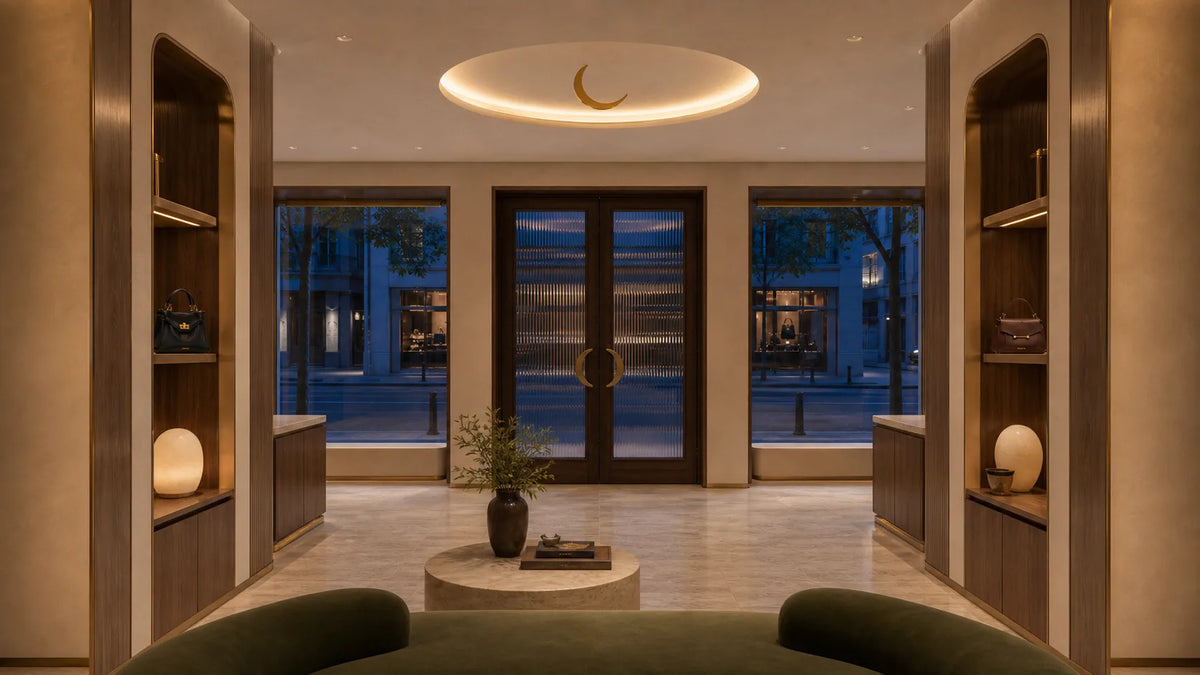 Interior at blue hour, street seen through the windows