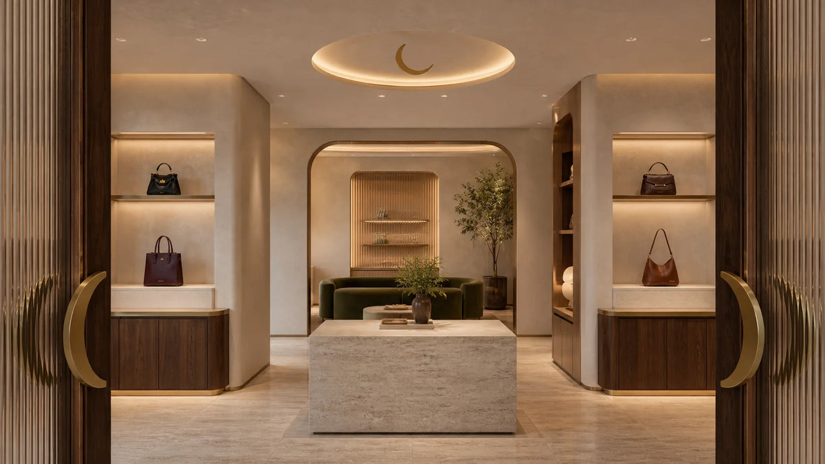 Varellune boutique interior with bags lit on stone plinths
